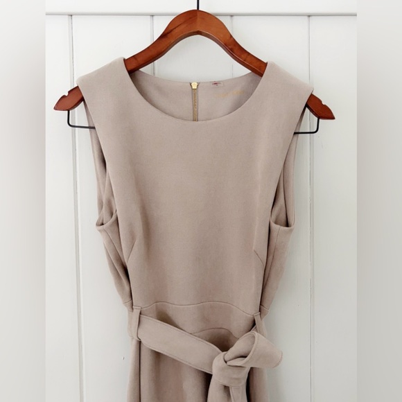 Calvin Klein Faux Suede Dress A-line Midi Dress Neutral Tan Belted Classic 10 - Picture 7 of 16